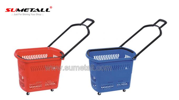 Red / Blue 45 Litres Rolling Plastic Shopping Basket With Wheels For Supermarket