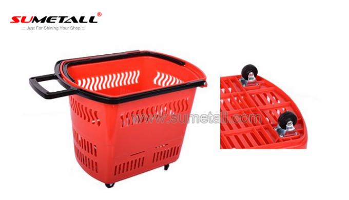 Red / Blue 45 Litres Rolling Plastic Shopping Basket With Wheels For Supermarket