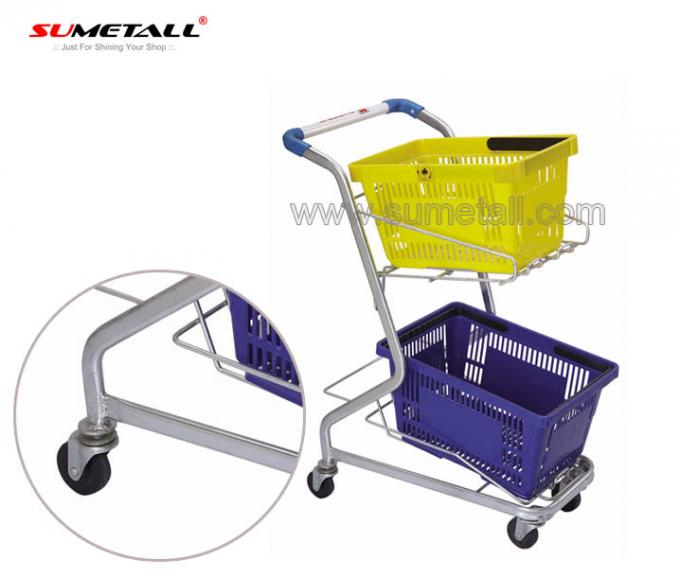 High Grade Steel Supermarket Shopping Trolley Cart For Two Plastic Baskets