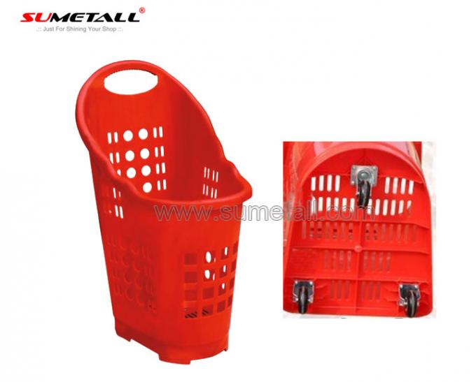 Supermarket / Grocery Store Plastic Shopping Baskets With Three 2.5 Inch PU Wheels